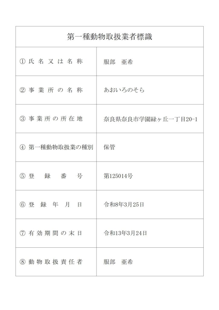 ペットケアサービスあおいろのそら・第一種動物取扱業登録書（保管）